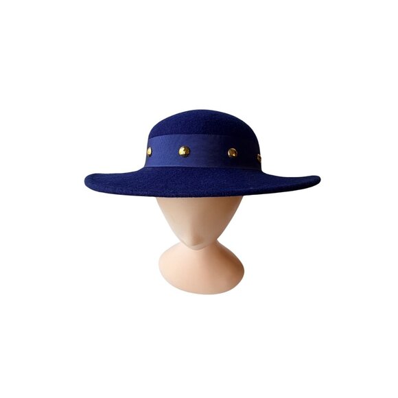 Vintage 1960s‎ Navy Wool Wide Brim Hat with Ribbon & Gold Stud Trim Elegant main image 3